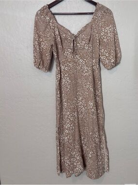 Sincerely Jules Beige Animal Print Smocked Midi Dress Women's Small